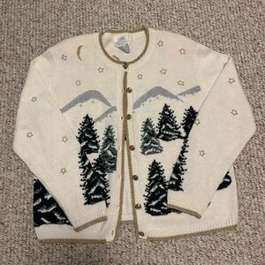 VTG Hand Embroidered CHRISTOPHER & BANKS White & Gold Christmas Sweater Size M